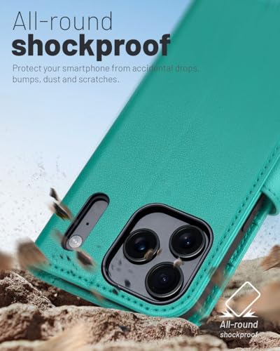 OCASE Compatible with iPhone 17 Pro Wallet Case, PU Leather Flip Folio Case with Card Holders RFID Blocking Kickstand [Shockproof TPU Inner Shell] Phone Cover 6.3 Inch 2025, Blue Green - color: Blue Green