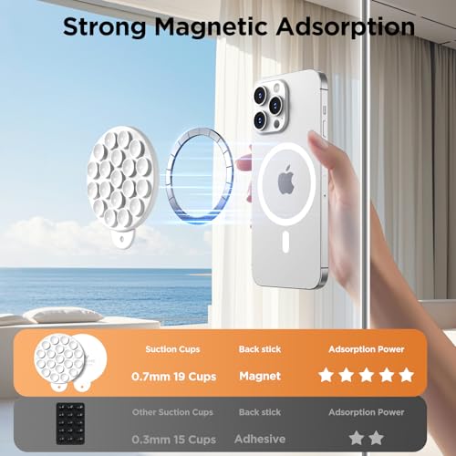 Magnetic Suction Cup Phone Mount, Compatible with MagSafe, Silicone Octo Cup Buddy Sticky Grip Holder for iPhone and Android, Removable Hands-Free Phone Stand Selfie/Video for TikTok, White - color: White