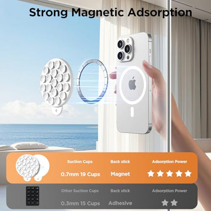Magnetic Suction Cup Phone Mount, Compatible with MagSafe, Silicone Octo Cup Buddy Sticky Grip Holder for iPhone and Android, Removable Hands-Free Phone Stand Selfie/Video for TikTok, White - color: White