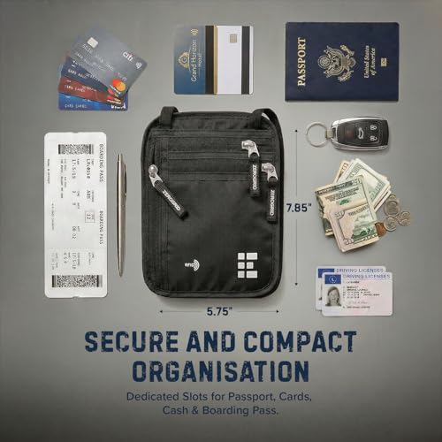 Zero Grid RFID Travel Neck Wallet, Large Passport Holder, Black - color: Black, size: Solo/Couple