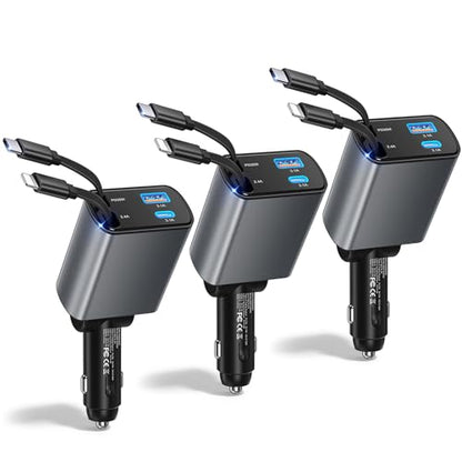 Multipack 4 in 1 Retractable Car Charger USB C Fast Charging - color: 3-Pack