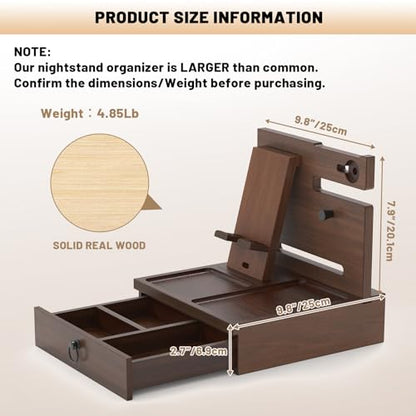 Wood Phone Docking Station, Nightstand Organizer with Drawer - color: Elegant Walnut, size: Without charging station