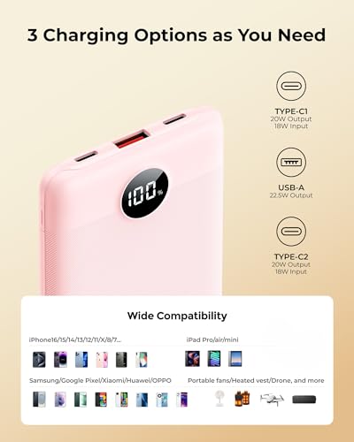 Small Portable Charger 10000mAh 20W Fast Charging Mini Power Bank, Pink - color: Pink