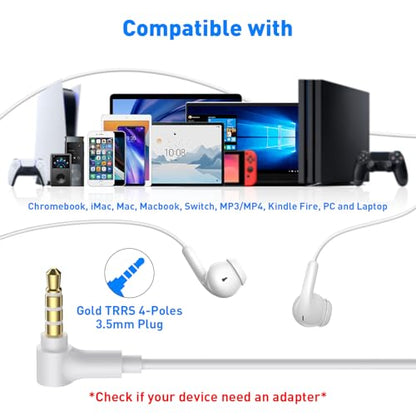APETOO 3.5mm Wired Earbuds in-Ear Headphones School Chromebook Laptop White - color: White