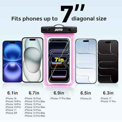 JOTO Up to 7" Universal Waterproof Phone Case for iPhone 17 Air 16 15 14 13 12 11 Plus Pro Max, IPX8 Cellphone Dry Bag XR X SE, Galaxy S23 S22 S21 S20+ S20 S10 Plus Note, Pixel -Pink - color: Magenta, size: 1 Pack