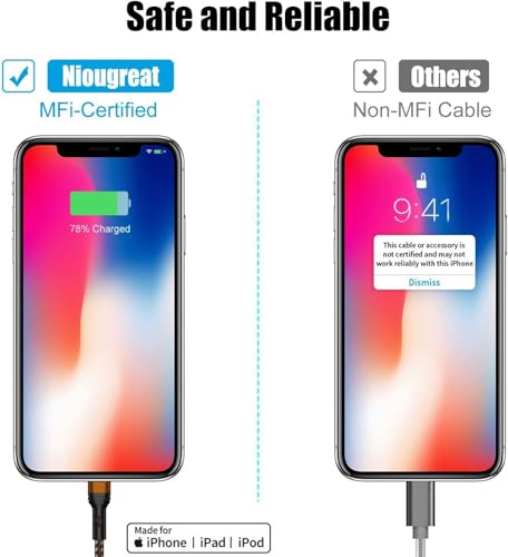 iPhone Charger Lightning Cable, 3.3FT Pet Chew Proof Metal Braided Charger Cord, [Apple MFi Certified] Fast Charging for iPhone 14 13 12 11 Pro Max XS XR X 8 7 6 5 Plus iPad and More - size: 3.3FT