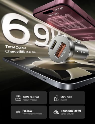 LISEN 69W Mini Cigarette Lighter Adapter Car Charger USB C Fast Charging - color: Black, size: 1 Pack