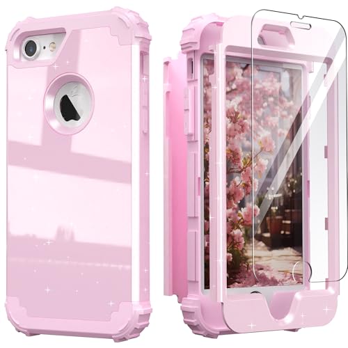 IDweel for iPhone 8 Case & for iPhone 7 Case with Screen Protector(Tempered Glass),3 in 1 Shockproof Hybrid Heavy Duty Hard PC Cover Soft Silicone Sturdy Bumper Full Body Sturdy Case,Glitter Pink - color: Glitter Pink