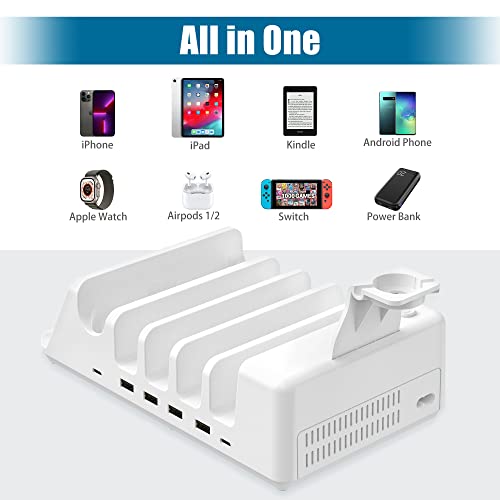 AGVEE 140W 7in1 Multi USB Charging Station Organizer Family Block Hub with Multi Cables, 3 Wireless Charger Dock for Pad Phone Cell Phone Android Tablet Multiple Devices, White