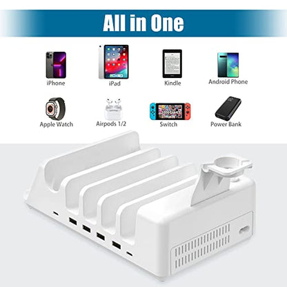 AGVEE 140W 7in1 Multi USB Charging Station Organizer Family Block Hub with Multi Cables, 3 Wireless Charger Dock for Pad Phone Cell Phone Android Tablet Multiple Devices, White