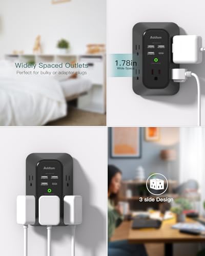 Addtam 5-Outlet Extender Surge Protector, Multi Plug Wall Outlet with 4 USB Wall Charger, Plug Extension Outlet 1800J, Outlet Splitter Power Strip for Home Office Dorm Room Essentials, Black, 2 Pack - style: 1C3A 2 Pack