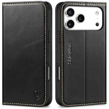 SHIELDON Real Leather Wallet Case for iPhone 17 Pro Max 6.9", Retro Black | Magnetic Closure, RFID Blocking, Credit Card Holder, Viewing Stand, Folio Design, Shockproof Protective Cover - color: Retro Black