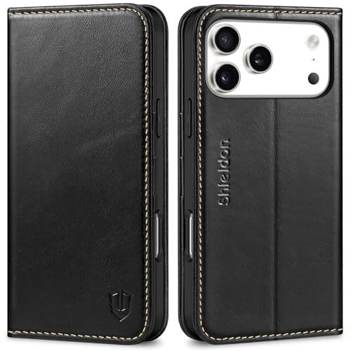 SHIELDON Real Leather Wallet Case for iPhone 17 Pro Max 6.9", Retro Black | Magnetic Closure, RFID Blocking, Credit Card Holder, Viewing Stand, Folio Design, Shockproof Protective Cover - color: Retro Black