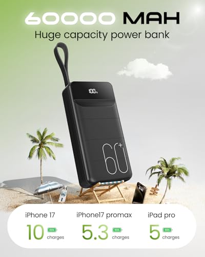 Portable Charger 60000mAh Power Bank 22.5W Fast Charging USB C Battery Pack - color: Black