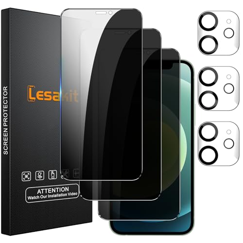 Lesakit 3+3 Pack Privacy Screen Protector for iPhone 12 6.1-Inch with 3 Pack Camera Lens Protector, Anti Spy Tempered Glass Film 9H Hardness Bubble Free Case Friendly - size: iPhone 12