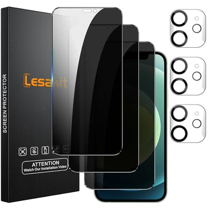 Lesakit 3+3 Pack Privacy Screen Protector for iPhone 12 6.1-Inch with 3 Pack Camera Lens Protector, Anti Spy Tempered Glass Film 9H Hardness Bubble Free Case Friendly - size: iPhone 12