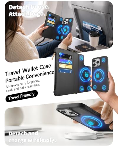 for iPhone 16 Pro Max 2-in-1 Magnetic Crossbody Wallet Case + Wrist Strap | Wireless Charging After Wallet Removal, Detachable Crossbody/Wrist Straps, Landscape Stand, Card Holder and Zipper Pocket - color: Black, size: iPhone 16 Pro Max