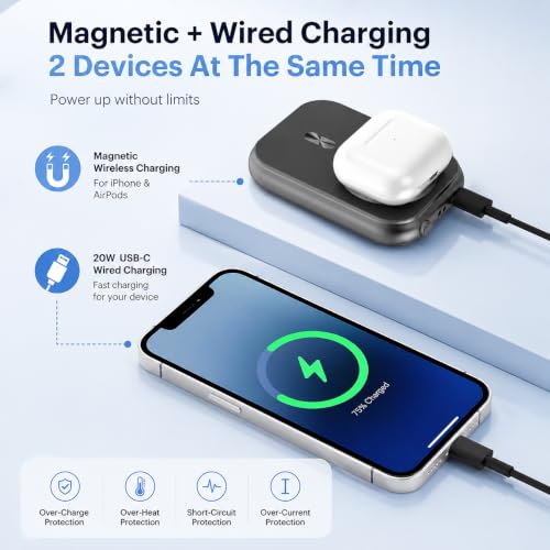 Magnetic Power Bank, Compact 10,000mAh Magnetic Wireless Portable Charger with 20W Max Fast Charging,for iPhone 16/15/14/13/12Series,AirPods,and More-Black