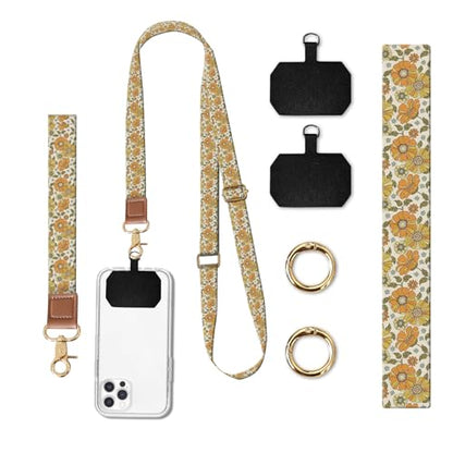 Phone Lanyard Crossbody Wrist Strap, Universal Adjustable Neck Strap for Phone Case Keys ID Badges, Travel Essential - color: Cute Orange Flower