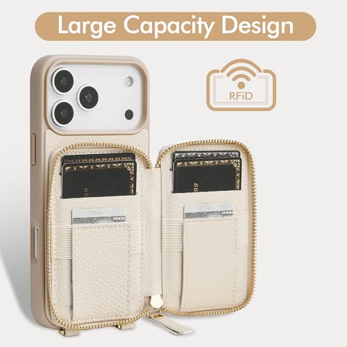 LAMEEKU for iPhone 17 Pro Max Wallet Case with Card Holder, Crossbody Case with Kickstand Wrist Strap Cover 6.9 inch Beige - color: Beige, size: iPhone 17 Pro Max 6.9''