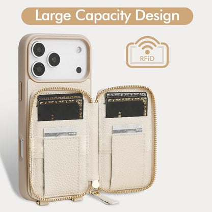 LAMEEKU for iPhone 17 Pro Max Wallet Case with Card Holder, Crossbody Case with Kickstand Wrist Strap Cover 6.9 inch Beige - color: Beige, size: iPhone 17 Pro Max 6.9''