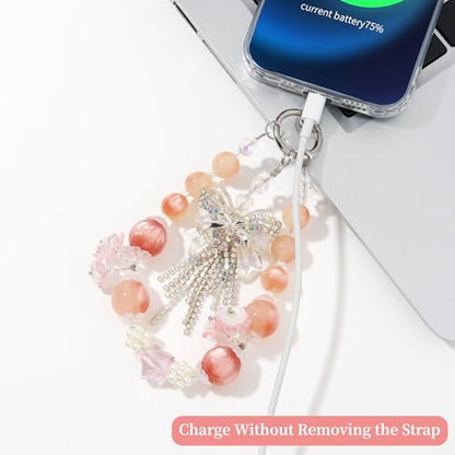 WOZEAH Phone Charm for Women, Beaded Wrist Strap Lanyard with Tether Tab – Anti-Theft Hands-Free Detachable Phone Chain Wristlet - color: Orange Bow