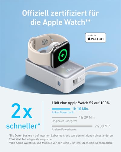 Anker MagGo Power Bank for Apple Watch, 10,000mAh 35W Max Portable Charger - color: White