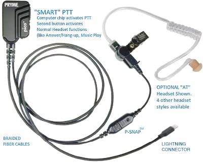 PRYME® - PICO-LIGHTNING - Single Wire Lapel Mic w/Lightning Connector, Special PTT Technology for PoC APPs w/Clear Tube Earphone - (PICO-LIGHTNING-AT)