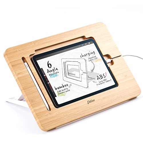 ELETIUO Adjustable Tablet Stand with Pencil&Charger Cable Slot,Bamboo Wooden Stand with Multiple Angles,Organizer Desktop Holder for Drawing,Compatible with ipads(Support to 9.7-11" Devices) - size: 15.6*10.8*1.4 inch