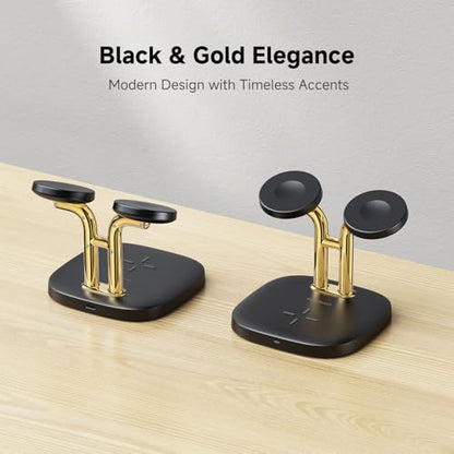 3 in 1 Dual Watch Wireless Charger Stand for Apple Watch Ultra 4/12,AirPods - color: Black & Gold