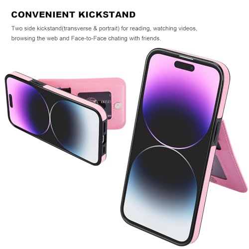 KIHUWEY for iPhone 14 Pro Max Wallet Case Card Holder Kickstand, Pink | Credit Card Slots, PU Leather, Magnetic Clasp, Flip Heavy Duty Protection Cover for Men and Women - color: Pink