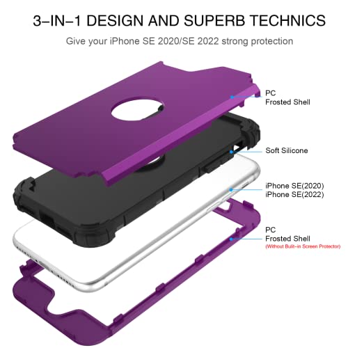 BENTOBEN for iPhone SE 2022 Phone Case and iPhone SE 2020 Case, Heavy Duty 3 in 1 Full Body Rugged Shockproof Hybrid Hard PC Soft Rubber Bumper Drop Protective Girls Women Cover, Deep Purple/Black - color: Black/Deep Purple