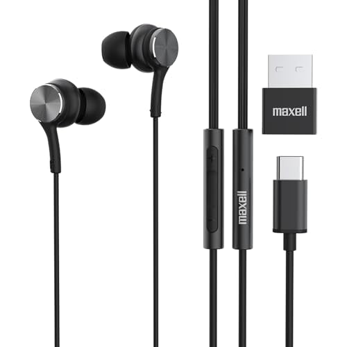 Maxell USB-C Wired Earbuds with USB-A Adapter, Built-in Microphone with Volume and Track Control, Compatible with All Devices with a USB-C and/or USB-A Port, Immersive Digital Chipset, Black, 197299 - color: Black