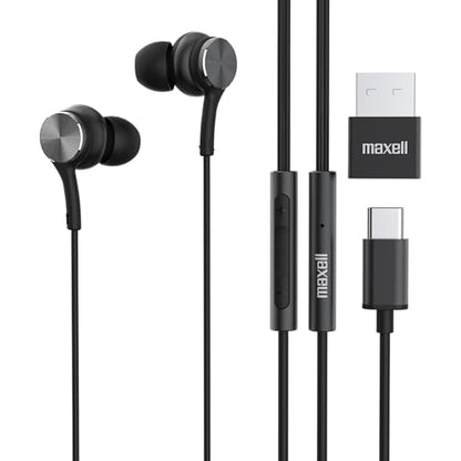 Maxell USB-C Wired Earbuds with USB-A Adapter, Built-in Microphone with Volume and Track Control, Compatible with All Devices with a USB-C and/or USB-A Port, Immersive Digital Chipset, Black, 197299 - color: Black