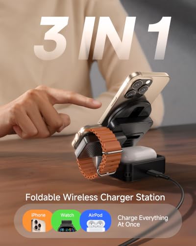 ZEEHOO 3-in-1 Charging Station for Apple, Foldable Mag-Safe Charger, 15W Wireless Charger for iPhone 17/16/15/14/13/12 Series, Apple Watch, AirPods(30W Adapter Included) (Black) - color: Black
