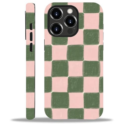 ZHEGAILIAN Case Compatible with iPhone 14 Pro,Pink and Green Checkered Design Phone Case, Matte Mixed Double-Layer Hard Shell+Soft Silicone TPU Shock Protective - color: Pink and green checkered, size: iPhone 14 Pro