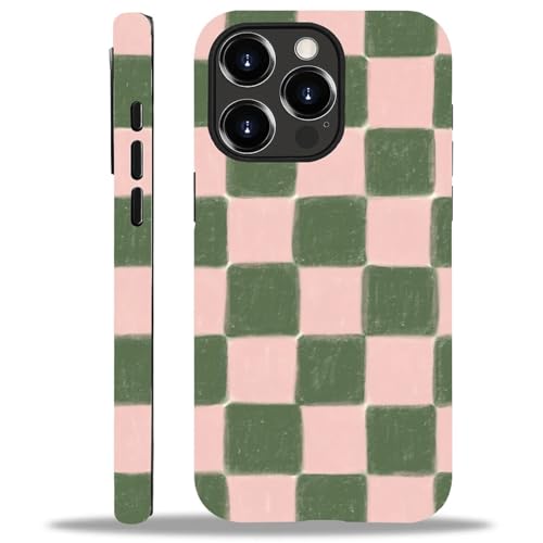 ZHEGAILIAN Case Compatible with iPhone 14 Pro,Pink and Green Checkered Design Phone Case, Matte Mixed Double-Layer Hard Shell+Soft Silicone TPU Shock Protective - color: Pink and green checkered, size: iPhone 14 Pro