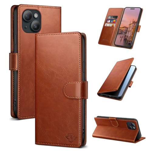 Wallet Case for iPhone 15 6.1", Light Brown | RFID-Blocking Card Holder, Kickstand, Magnetic Closure, PU Leather Folio Flip Cover, Protective Women Men Cases - color: Light Brown, size: iPhone 15