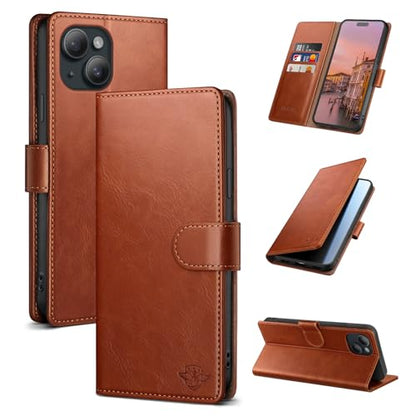 Wallet Case for iPhone 15 6.1", Light Brown | RFID-Blocking Card Holder, Kickstand, Magnetic Closure, PU Leather Folio Flip Cover, Protective Women Men Cases - color: Light Brown, size: iPhone 15