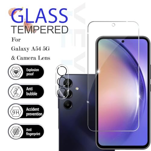 Galaxy A54 HD Clear Tempered Glass Screen Protector + Camera Lens Protectors, [2+2 Pack] [3D Glass] [Anti-Glare] [Bubble-Free] Screen Protector Glass For Samsung Galaxy A54 - size: Galaxy A54