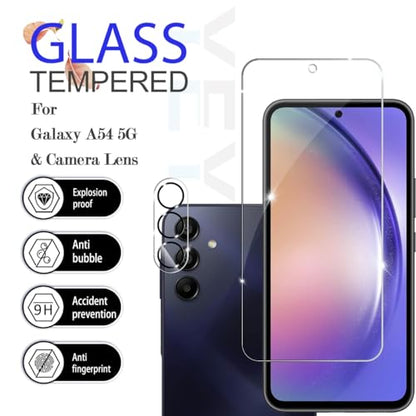 Galaxy A54 HD Clear Tempered Glass Screen Protector + Camera Lens Protectors, [2+2 Pack] [3D Glass] [Anti-Glare] [Bubble-Free] Screen Protector Glass For Samsung Galaxy A54 - size: Galaxy A54