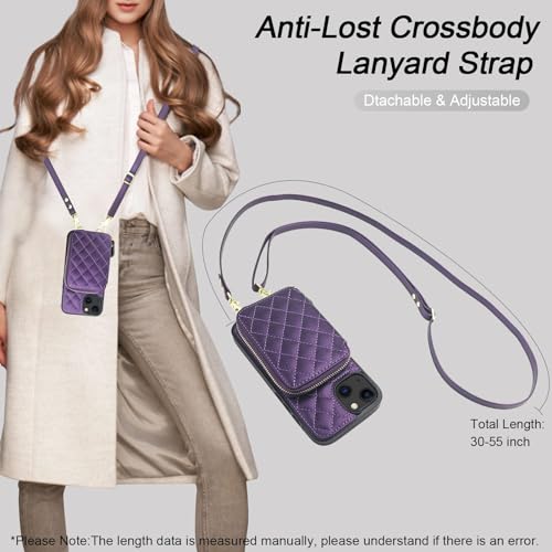 Bocasal Crossbody Wallet Case Card Holder for iPhone 13, Dark Purple | RFID Blocking PU Leather Zipper Handbag Purse, Kickstand Flip Folio Case with Card Slots Holder Wrist Strap Lanyard 6.1 Inch - color: Dark Purple