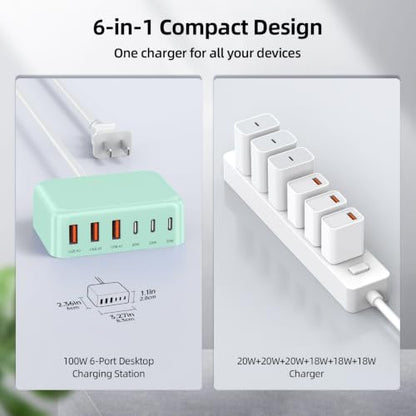 100W 6 in 1 USB Charger, 50% Smaller Charging Station for Multiple Devices - color: Light Green