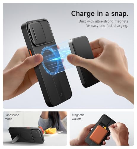 SURITCH for iPhone 15 Pro Max Case with Magnetic Camera Slide Cover and Adjustable Kickstand, Compatible with MagSafe, Shockproof Bumper Case Slim Protective Cover 6.7 Inch, Black - color: Black, size: IPhone 15 Pro Max-6.7"