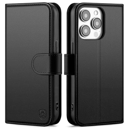 Compatible with iPhone 14 Pro Max Genuine Leather Case Wallet with Card Holder,Women Men Real Leather Flip Folio RFID Blocking Credit Card Slots Phone Cover,for Apple 14 ProMax,Black - color: Black, size: iPhone 14 Pro Max - 6.7"