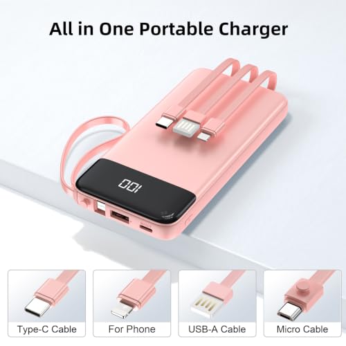 Portable Charger Built-in Cables,10000mAh Fast Charge Power Bank for iPhone - color: Pink