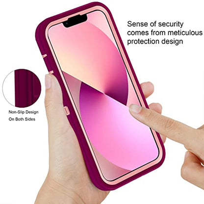 Shockproof Case For iPhone 13 with Tempered Glass Screen Protector 3 Layer Military Grade Drop Protection Heavy Duty Protection Rugged Rubber Phone Case Cover for iPhone 13 6.1 PurplePink - color: PurplePink