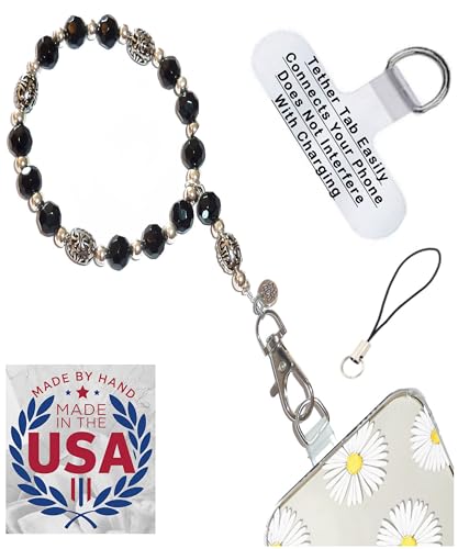 Hidden Hollow Beads Phone Wrist Strap Handmade USA, Anti-Drop Phone Lanyard with Tether Tab Universal Wristlet for Most Cases - color: Black
