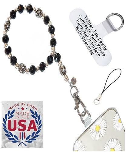 Hidden Hollow Beads Phone Wrist Strap Handmade USA, Anti-Drop Phone Lanyard with Tether Tab Universal Wristlet for Most Cases - color: Black