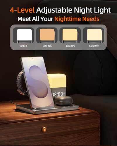 Wireless Charger Samsung Charging Station, with Alarm Clock and Night Light for Samsung S25 S24 S23 S22 Galaxy Watch 8-4 Series, Adapter Included, Black
